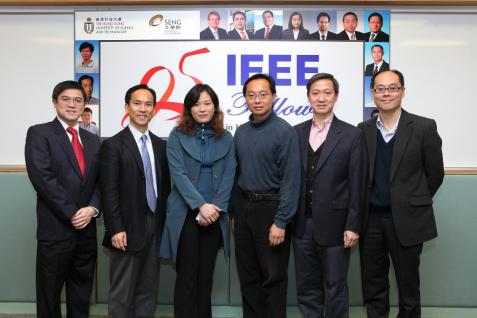 科 大 新 獲 選 的 IEEE 院 士 ( 左 起 ) 區 子 廉 教 授 、 單 建 安 教 授 、 張 黔 教 授 、 劉 堅 能 教 授 、 曾 憲 國 教 授 及 鄭 樹 坤 教 授 。	