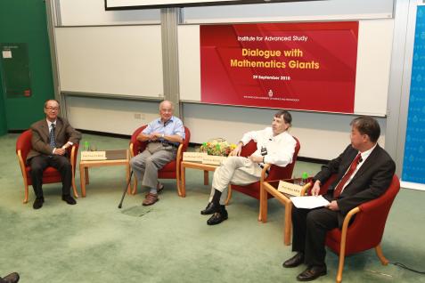 (from left) Prof Chan, Sir Michael Atiyah, Prof Bourgain and moderator Prof Allen Moy, Chair Professor in the Department of Mathematics at HKUST.	