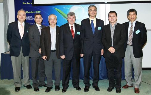 Some of the speakers at the HKUST Entrepreneurship Day: (from left) Prof Yuk-Lam Lo, Dr Rocky Law, Dr James Fok, Prof Ali Beba, Prof Wei Shyy, Dr the Hon Samson Tam, and Prof Matthew Yuen.