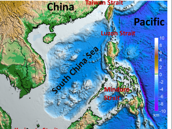 Geographical location and bathymetry of the South China Sea