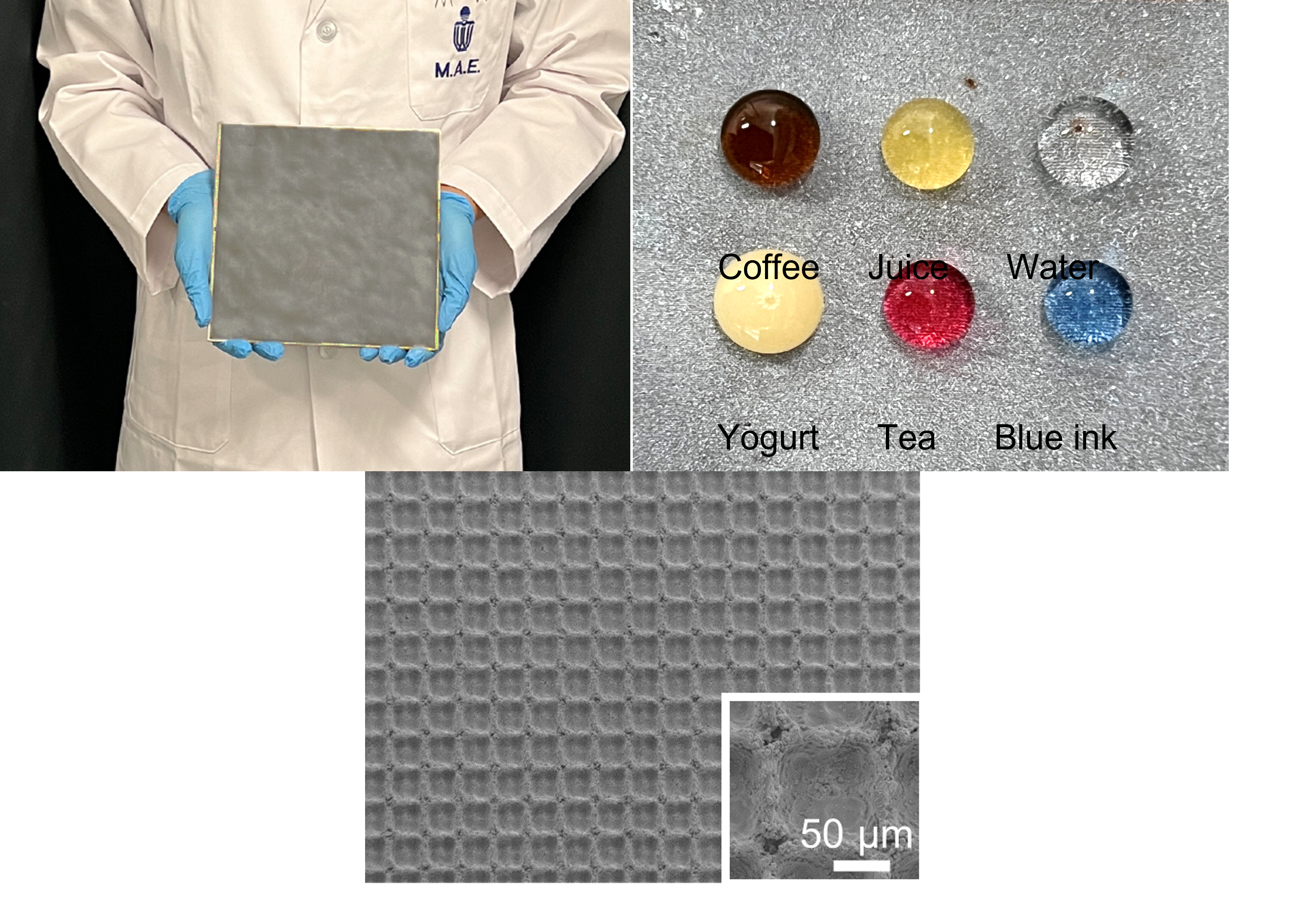 上方项目四的照片显示不同种类的派体皆无法停留在新物料的表面，展现了物料的超疏水的性能。下方的显微镜照片为新物料独特设计。