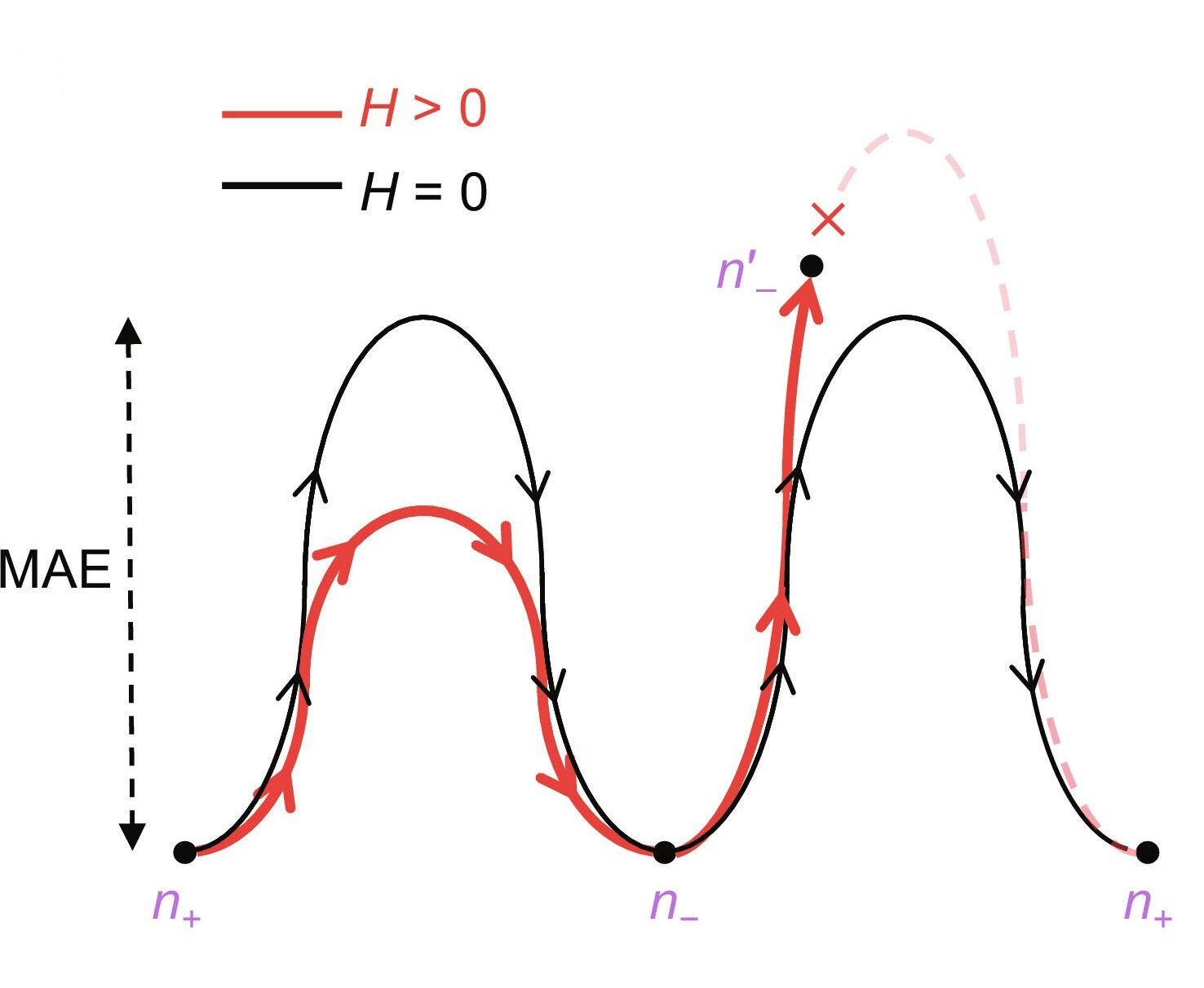 圖 1 (a) 奈爾矢量180° 翻轉的對稱（黑線）和非對稱（紅線）能壘示意圖。