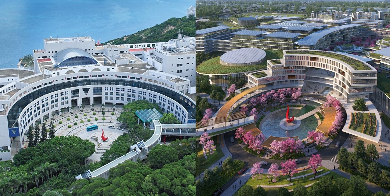 HKUST’s Clear Water Bay campus (left) and an impression of the planned Guangzhou campus.