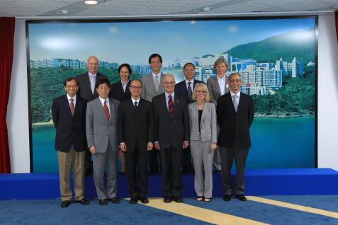 Top educators from UK and Hong Kong gather at HKUST: (front row from left) President Yuk-Shee Chan, President Way Guo, President Tony F Chan, Vice-Chancellor Prof Andrew Hamilton, Mrs Hamilton, Prof Franklin Luk, (back row from left) Mr Peter Upton, Mrs Sue Cunningham, President Timothy Tong, Mr Chris Mong, and Ms Julia Herries.	