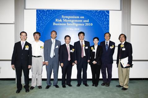 Attending the Symposium: (from left) Prof Mike So; Dr Joshua Huang; RMBI Program Co-Director Prof Yue Kuen Kwok; Mr Arthur Yuen, Dr Gary Chen; Dr Violet Lo; HKUST Acting Vice-President for Academic Affairs Prof Shiu Yuen Cheng; and Interdisciplinary Programs Office Director Prof Chi Ming Chan.	