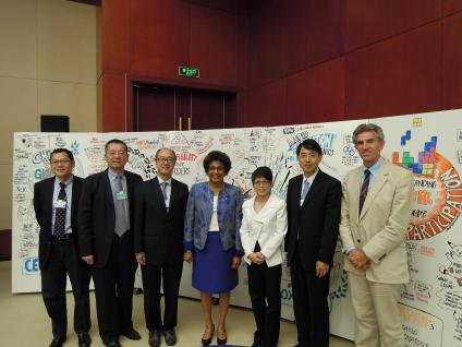 At the World Economic Forum: (From left) Prof Irene M C Lo, Department of Civil and Environmental Engineering; Prof Pei-yuan Qian, Division of Life Science; Prof Tony F Chan, President; Dr Eden Y Woon, Vice-President; Prof Gerald R Patchell, Division of Social Science; and Prof Chak-keung Chan, Division of Environment.
