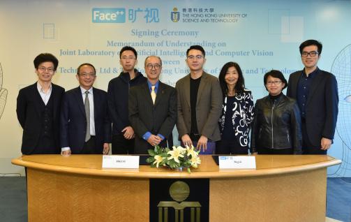  Guests at the signing ceremony: (from left) Prof Quan Long, Professor of Computer Science and Engineering Department, Prof Tim Cheng, Dean of Engineering, Mr Tang Wenbin, Co-founder and CTO of Megvii, Prof Tony F Chan, President of HKUST, Mr Yin Qi, Co-founder and CEO of Megvii, Dr Sabrina Lin, Vice-President for Institutional Advancement, Dr Claudia Xu, Director of Technology Transfer Center and Mr Xie Yinan, GM of Branding and Marketing of Megvii