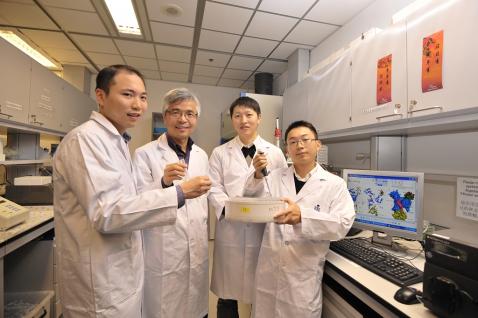 研 究 團 隊 ： （ 左 起 ） 魏 志 毅 博 士 、 張 明 傑 教 授 、 武 林 先 生 和 潘 李 鋒 博 士 。	