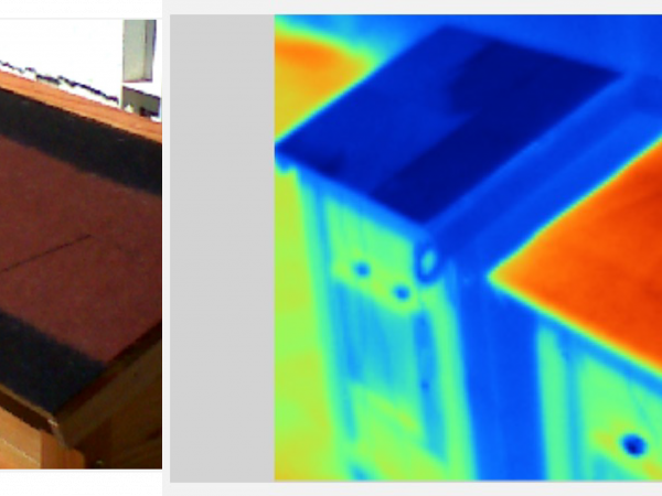 項目一的實驗顯示新型無機塗層（左圖中塗上白色塗層的屋頂）可為建築物降溫。