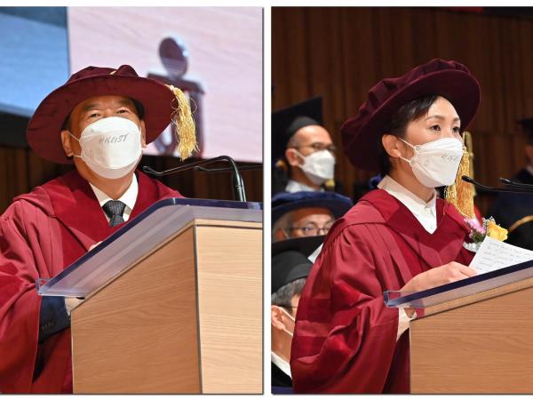 两位荣誉博士（左起）王晓东博士和叶咏诗女士于颁授典礼上致辞