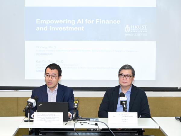 HKUST Business School Dean Professor Tam Kar-Yan (right) said that the InvestLM project has provided valuable insights for the financial sector on leveraging the fast-growing field of generative AI. Associate Professor Yang Yi of HKUST’s Department of Information Systems, Business Statistics and Operations Management (left) noted that InvestLM is capable of providing insightful responses to investment-related questions, as affirmed by financial professionals.