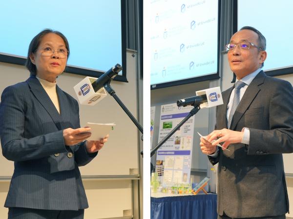 香港特區政府環境及生態局副局長黃淑嫻女士 （左）和科大副校長（研究及發展）鄭光廷教授（右）為活動致辭。